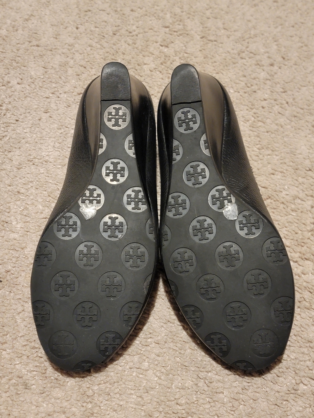 Tory Burch Sally 2 Black Leather Wedges Peep Toe Heels Size 9.5 - Picture 9 of 10